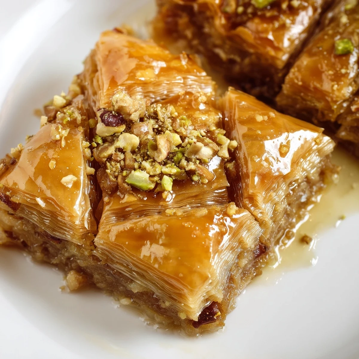 Crisp layered Bosnian baklava pastry topped with crushed pistachios and drizzled sweet fragrant syrup