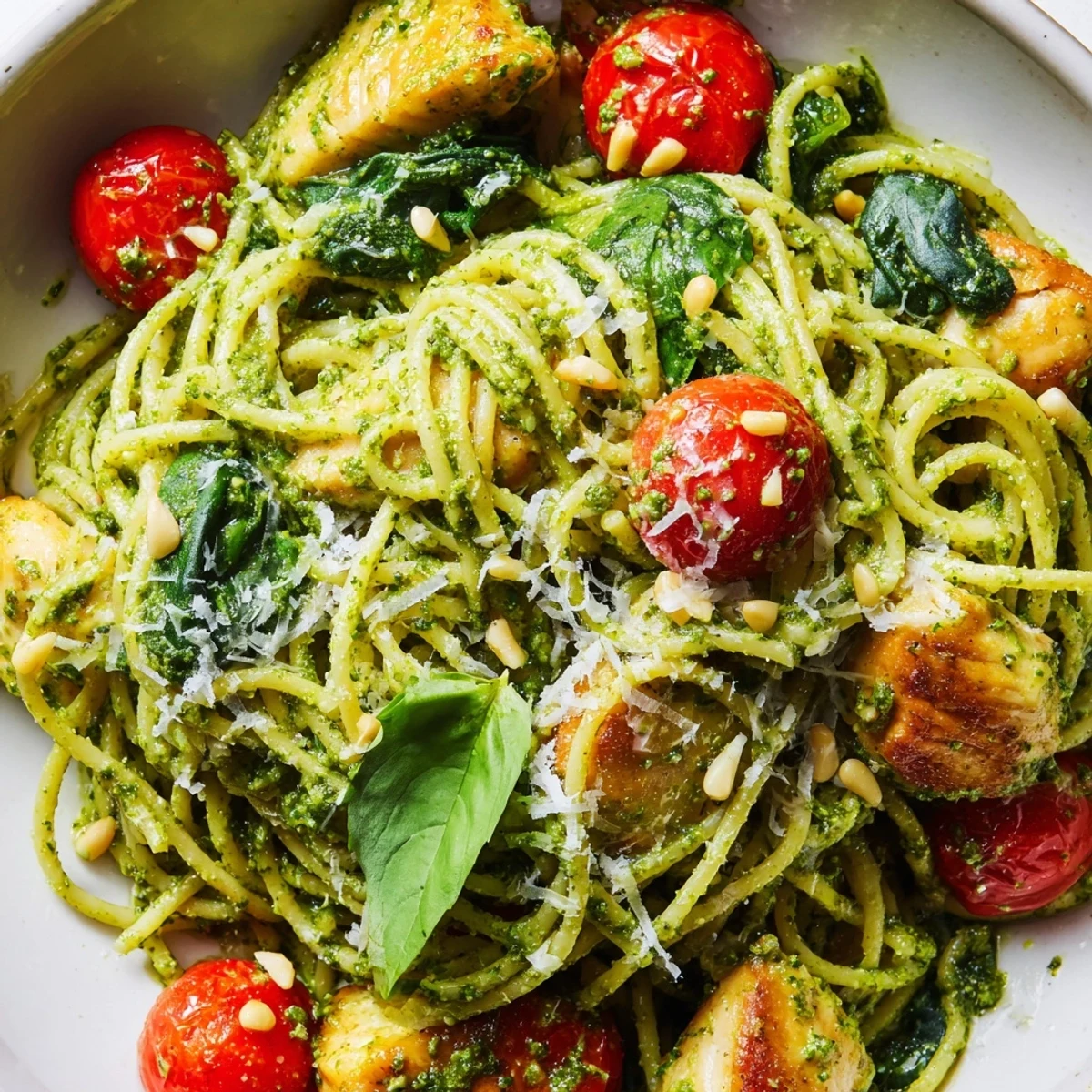 Creamy pesto pasta with chicken topped with fresh basil and grated Parmesan cheese