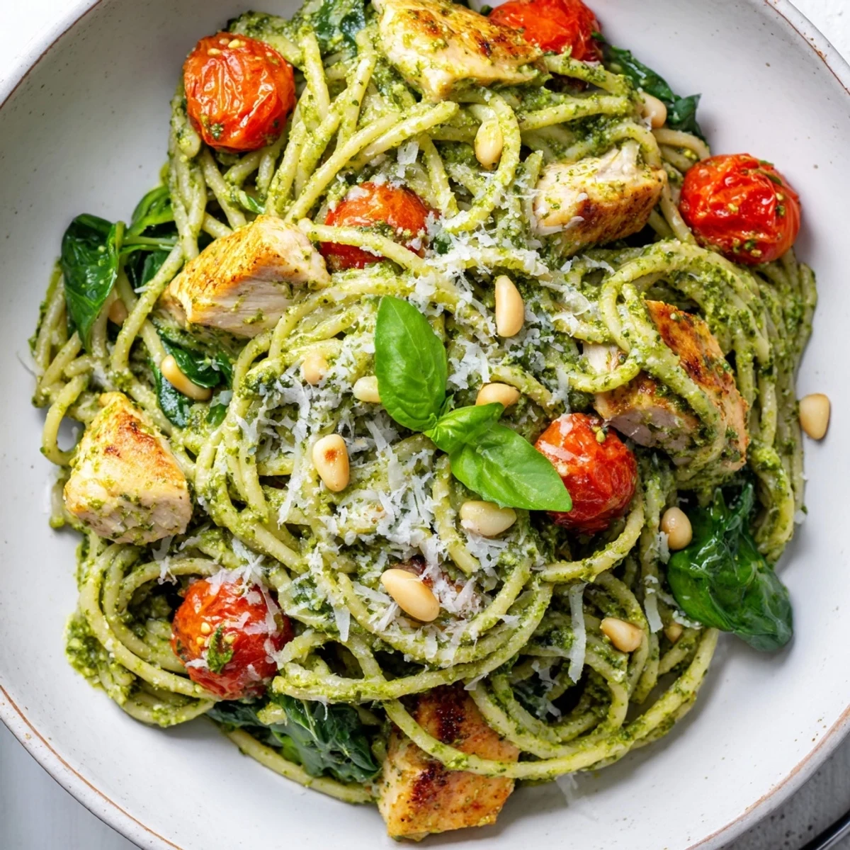Tender chicken breast pieces tossed with bright green pesto coating al dente spaghetti noodles