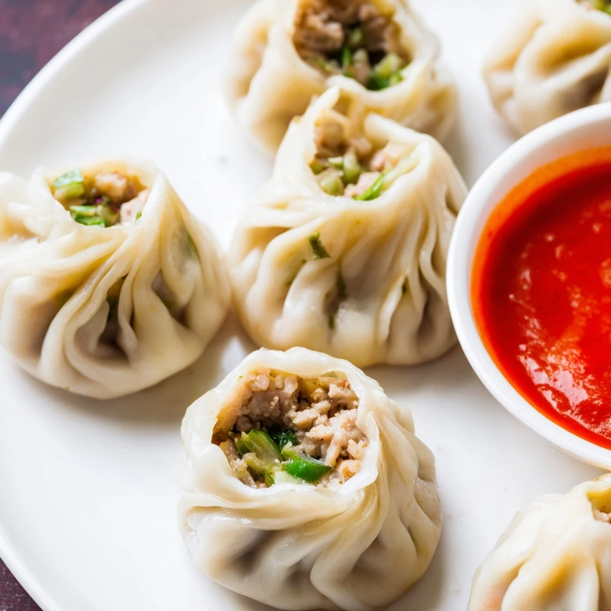 Steamed Nepali momo dumplings arranged on a bamboo basket with spicy tomato dipping sauce