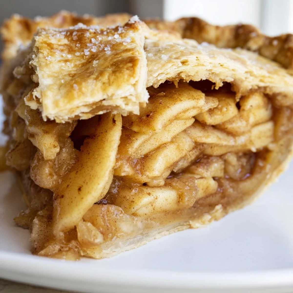 Golden homemade apple pie with flaky crust and cinnamon spiced tender apples steaming on rack