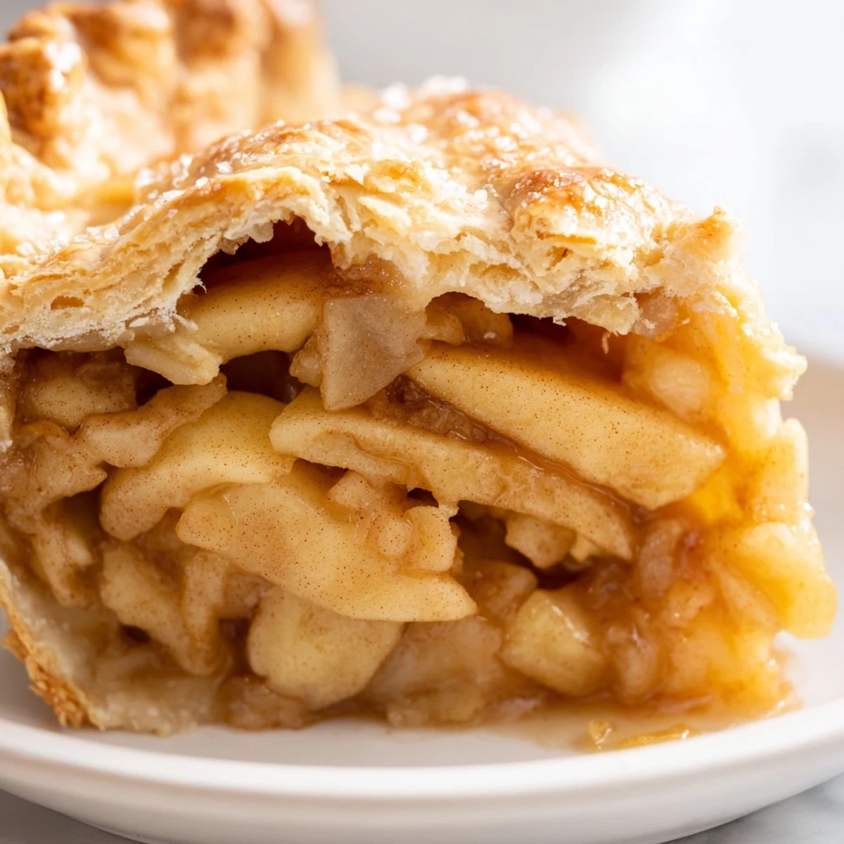 Classic apple pie slice on white plate topped with melting vanilla ice cream scoop