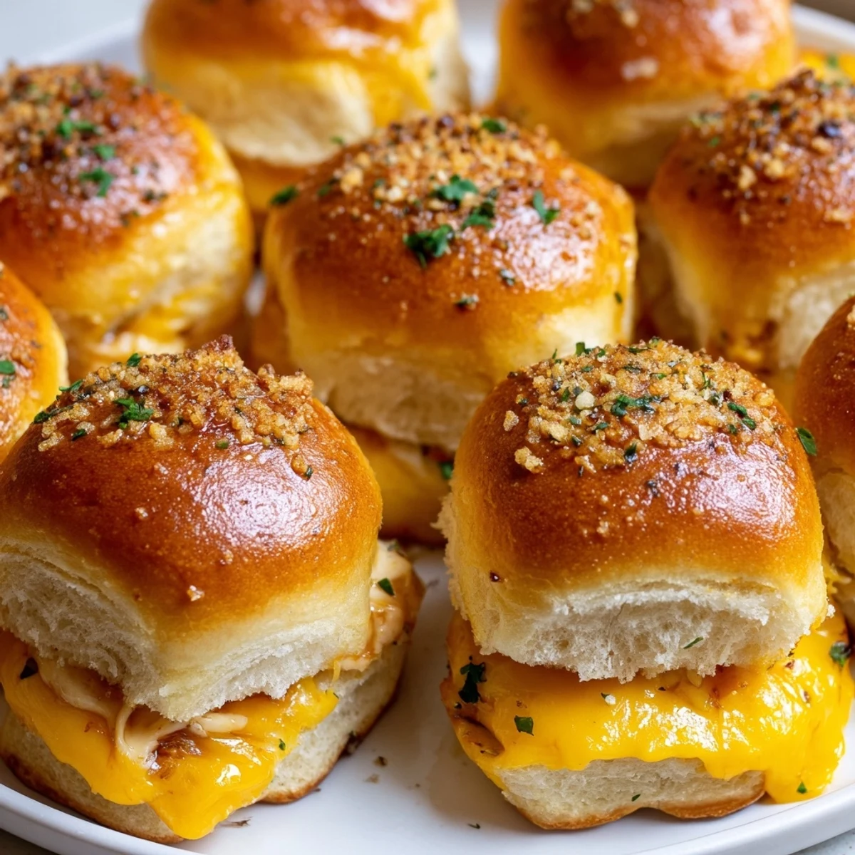 Crispy golden mini grilled cheese Hawaiian rolls with oozing cheddar on a baking sheet