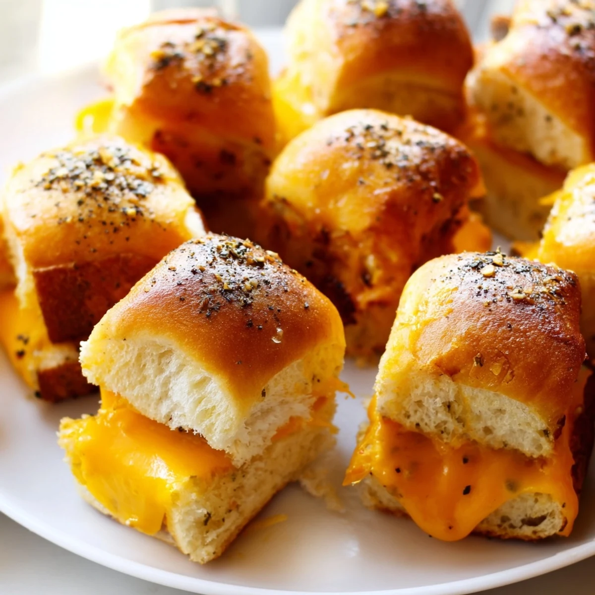 Warm mini grilled cheese Hawaiian rolls pulled apart revealing stretchy melted cheddar centers