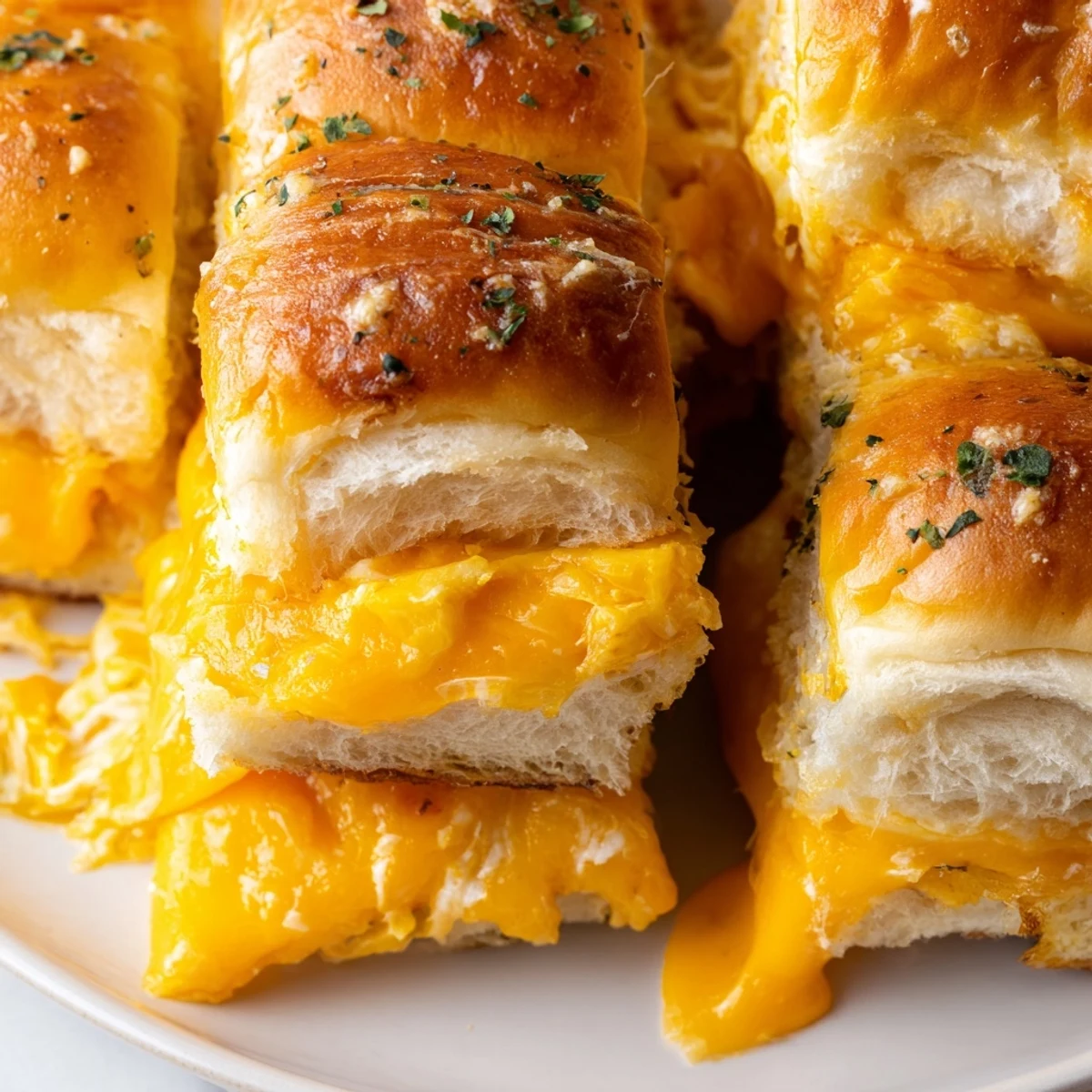 Buttery mini grilled cheese Hawaiian rolls sprinkled with parsley served alongside tomato soup