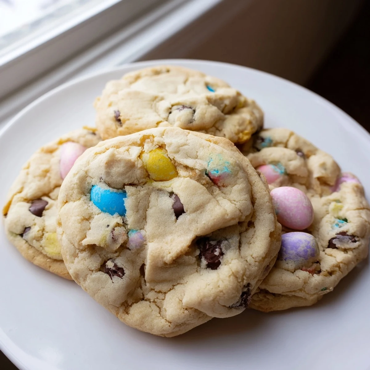 Soft Cadbury Egg Cookies with colorful candy pieces and melty chocolate chips on rustic bakeware