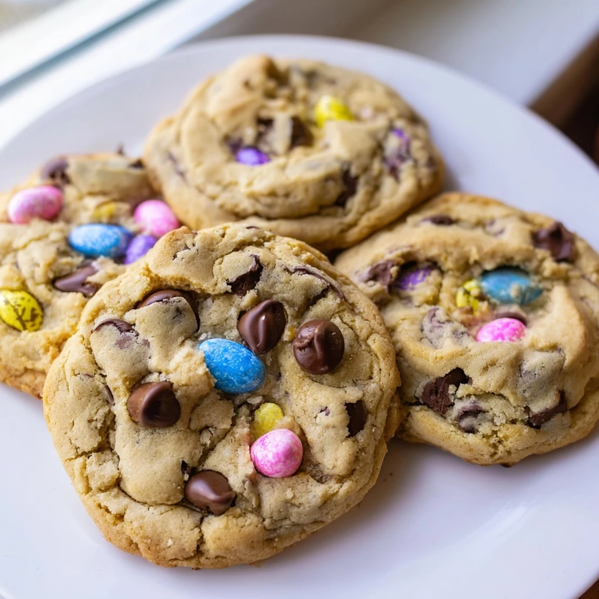 Chewy Cadbury Egg Cookies fresh from the oven with golden edges and pastel candy speckles