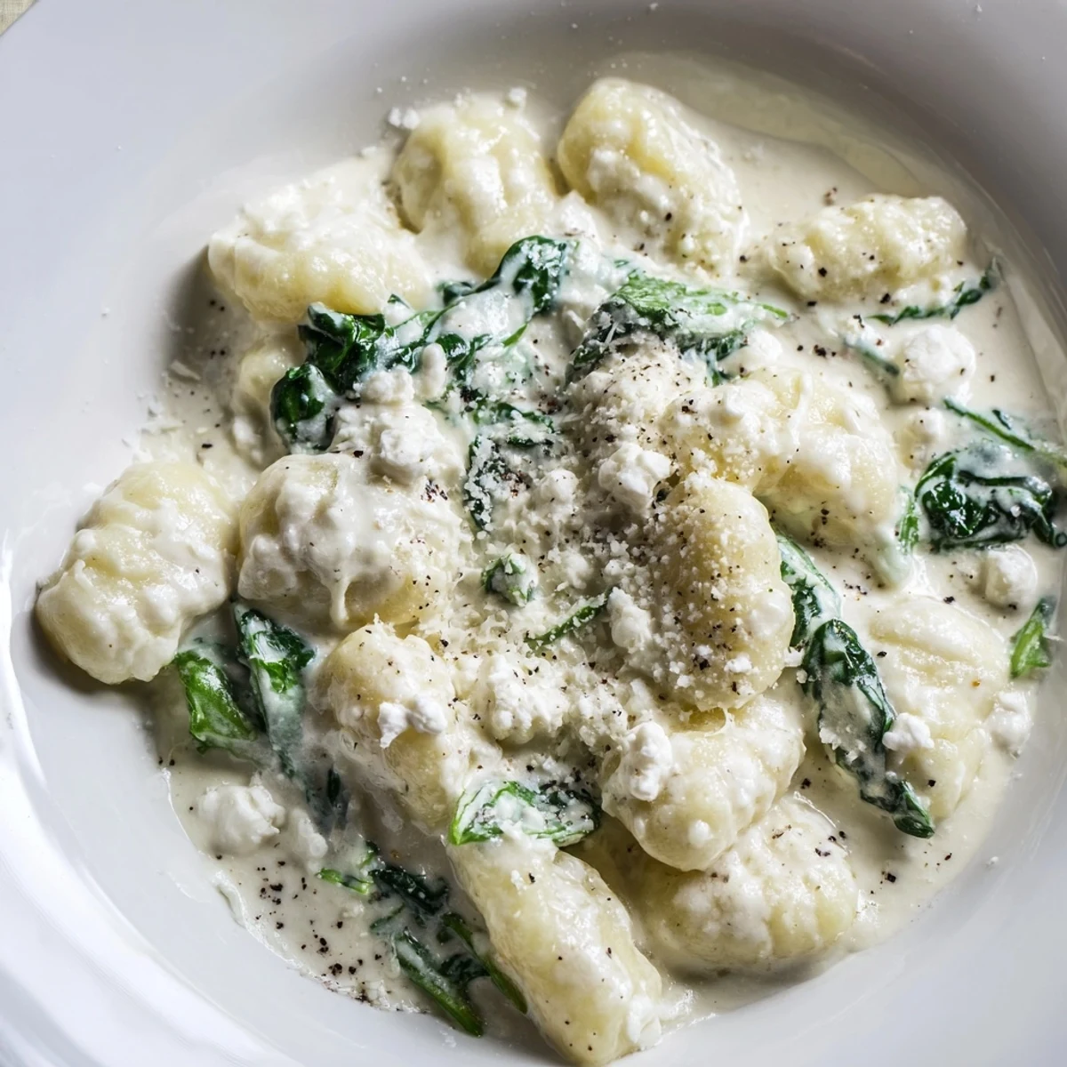 Soft potato gnocchi with spinach and feta swimming in rich, velvety cream sauce