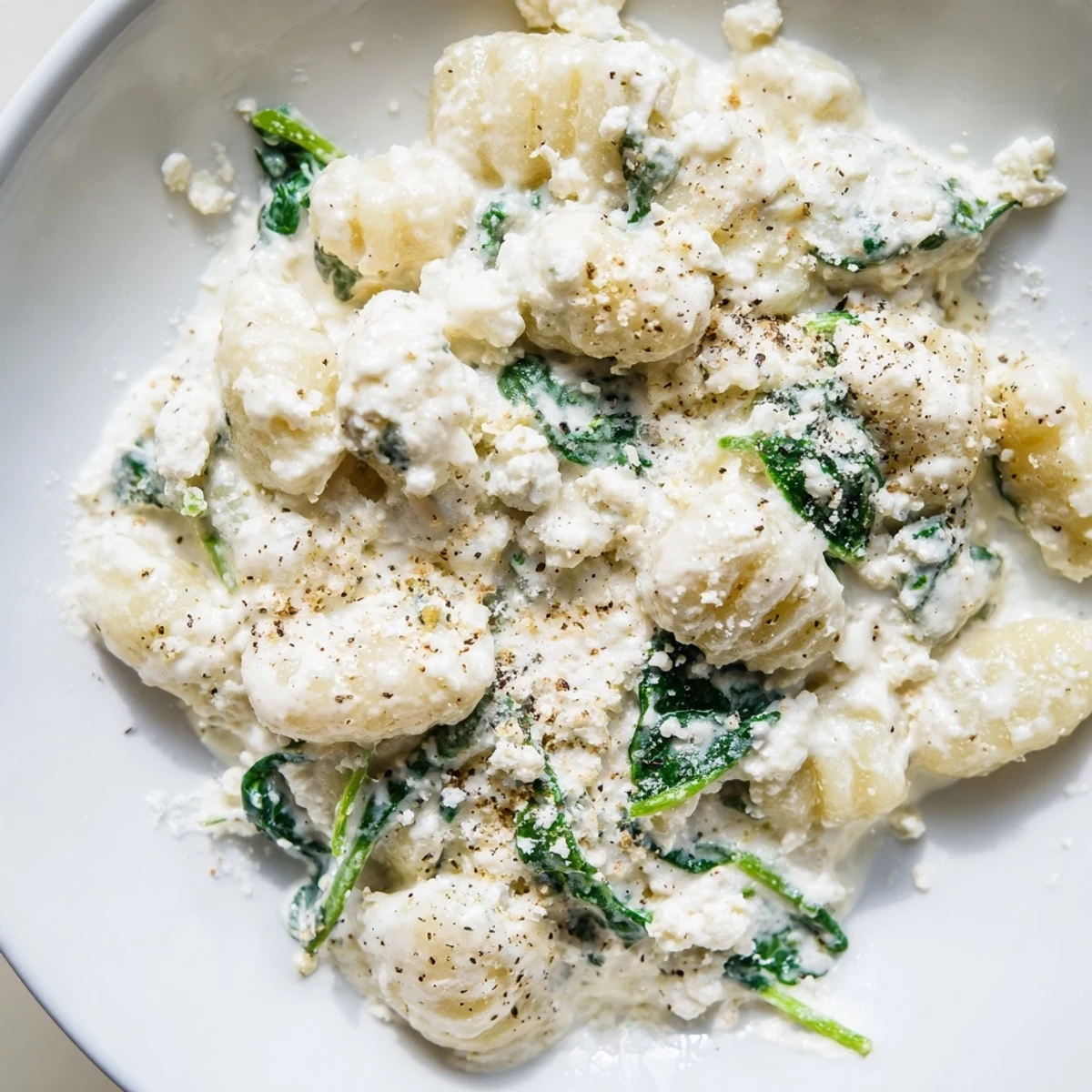 Creamy gnocchi with spinach and feta topped with crumbled cheese and fresh herbs