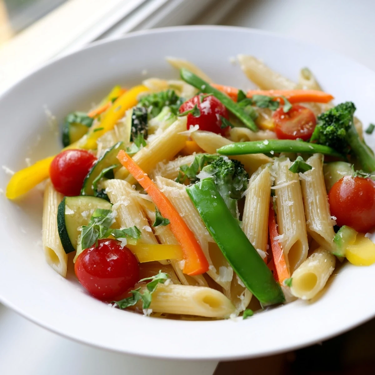 Colorful Pasta Primavera loaded with tender crisp vegetables in a light lemon garlic sauce