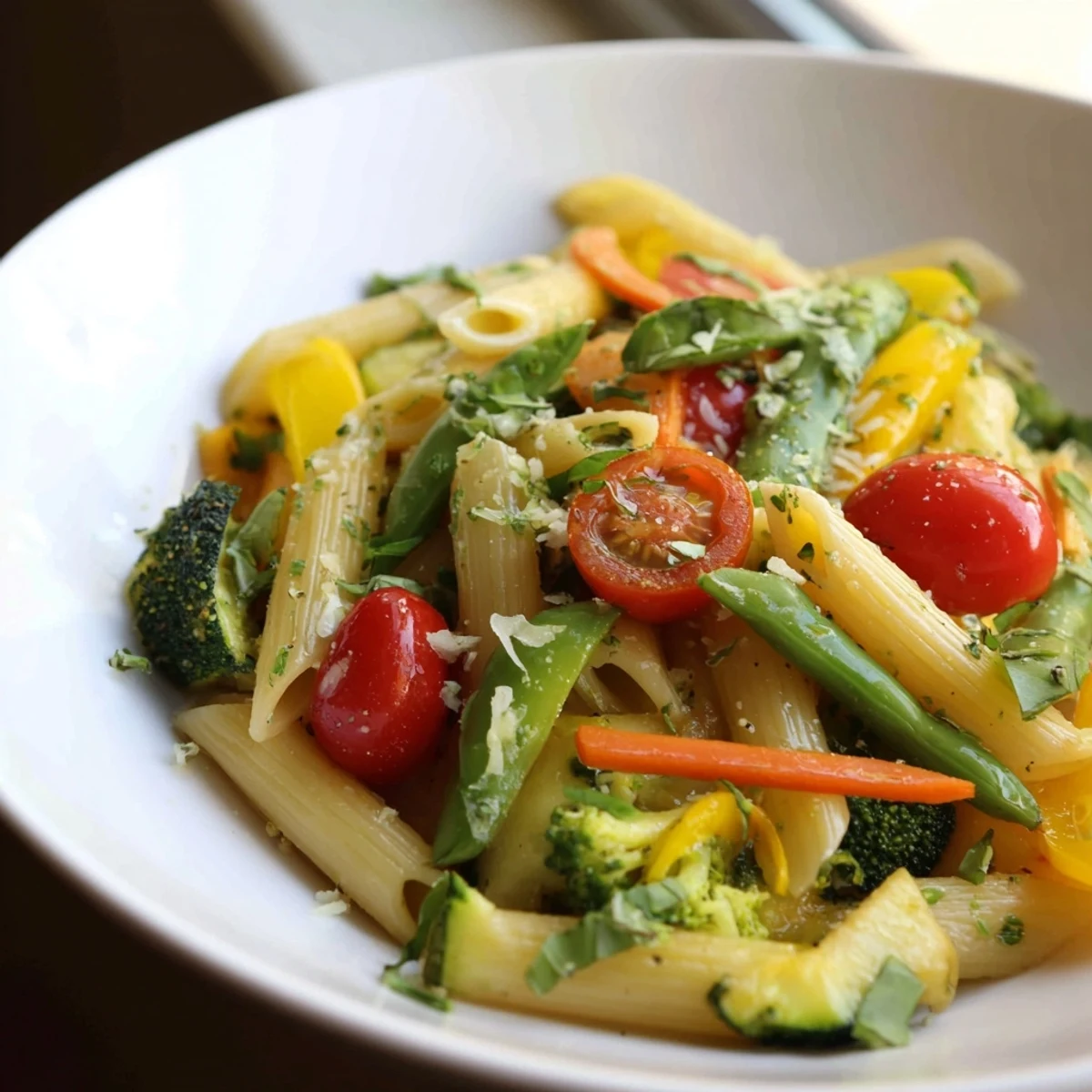 Creamy Pasta Primavera topped with fresh basil and grated Parmesan on a white plate
