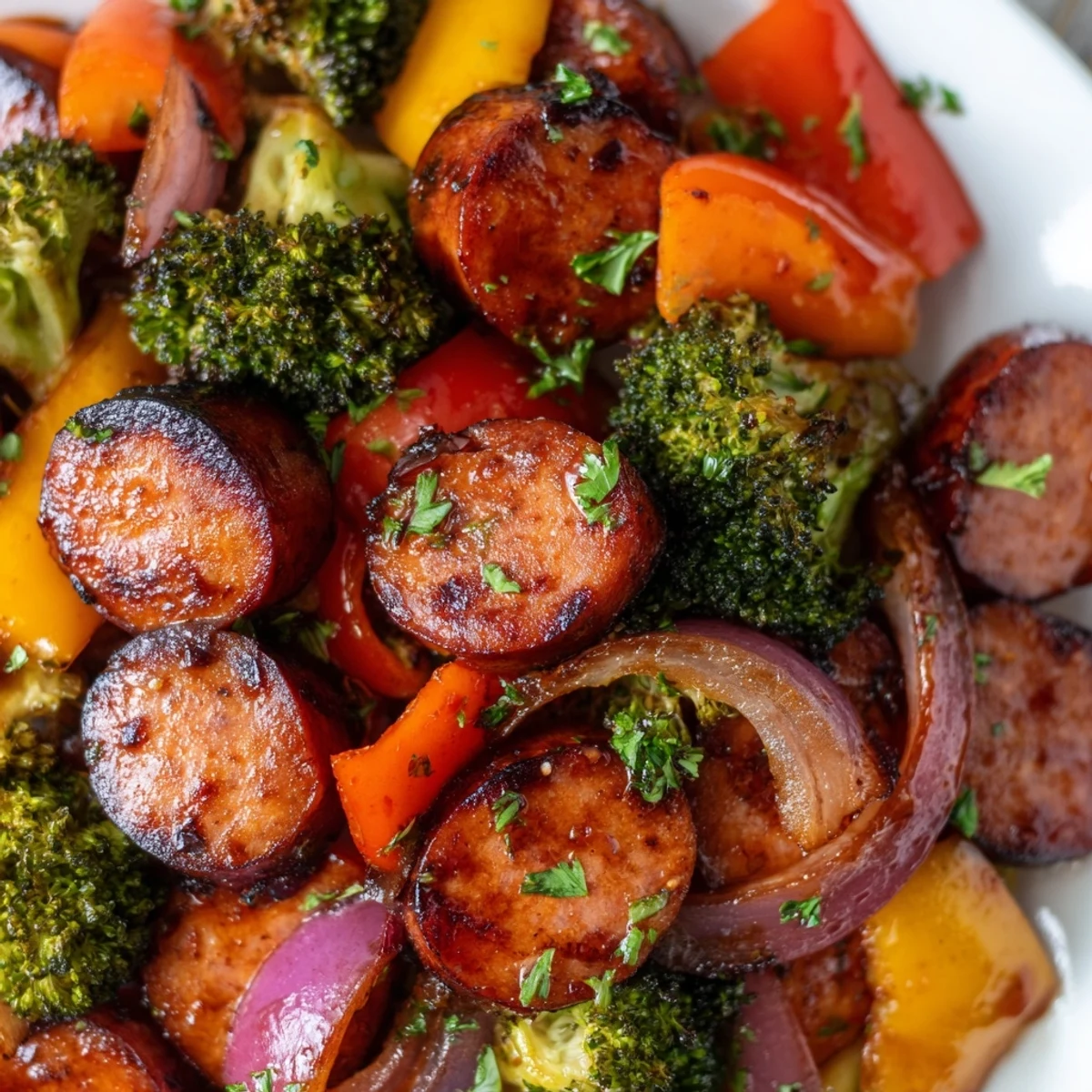 Golden honey garlic kielbasa roasted with colorful crisp-tender vegetables on a sheet pan