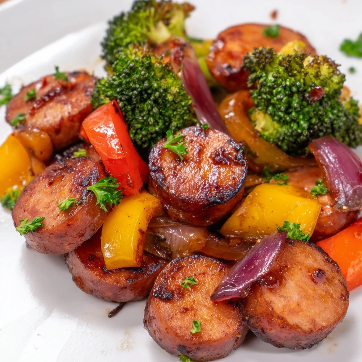 Smoky kielbasa and vibrant bell peppers glistening with sweet honey garlic glaze