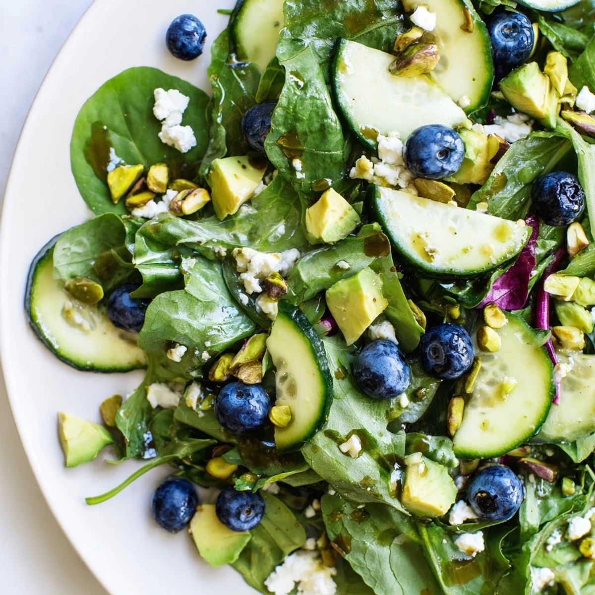 Fresh blueberry pistachio spring salad with creamy avocado and tangy feta on a white serving plate