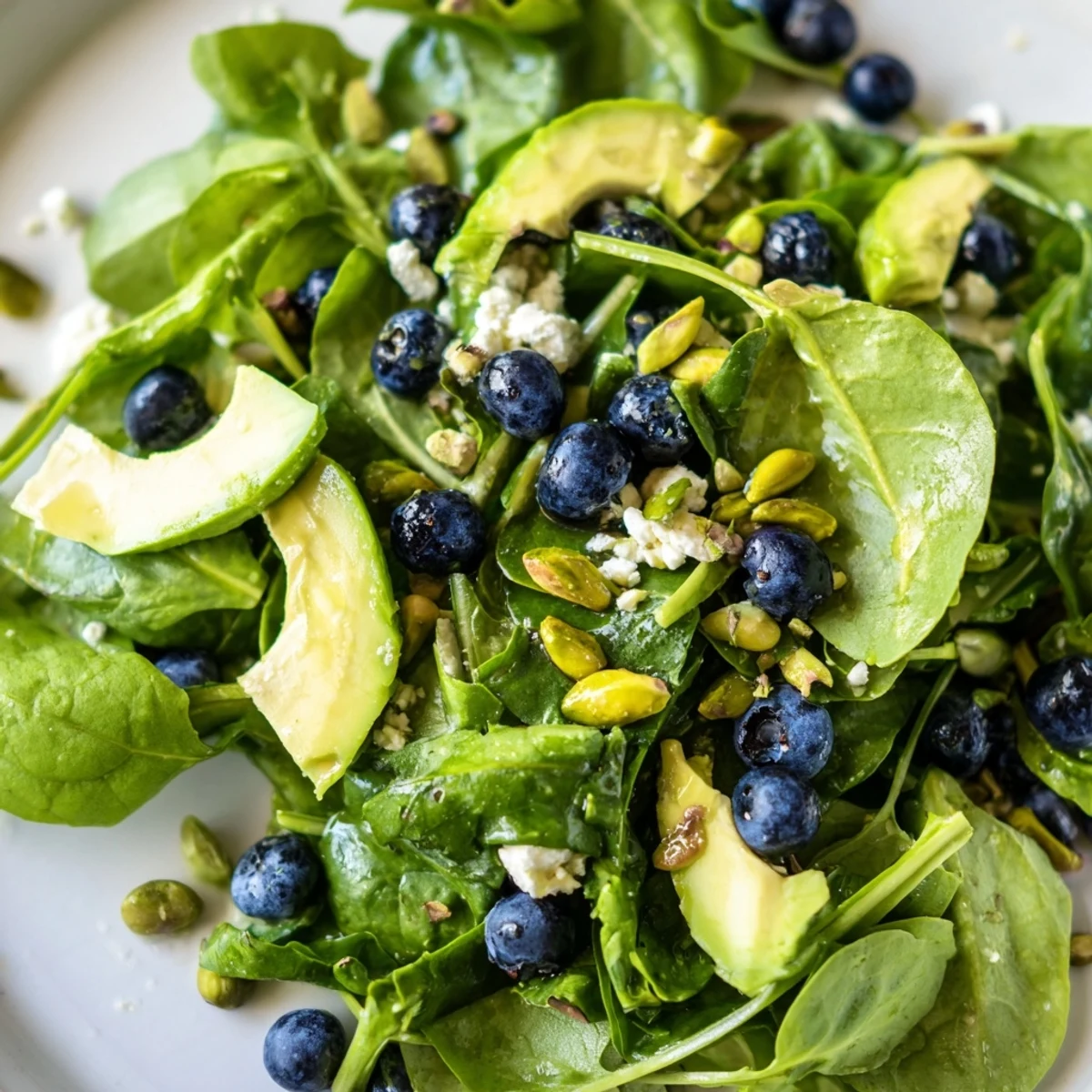 Vibrant blueberry pistachio spring salad tossed with crisp greens cucumber and light lemon dressing