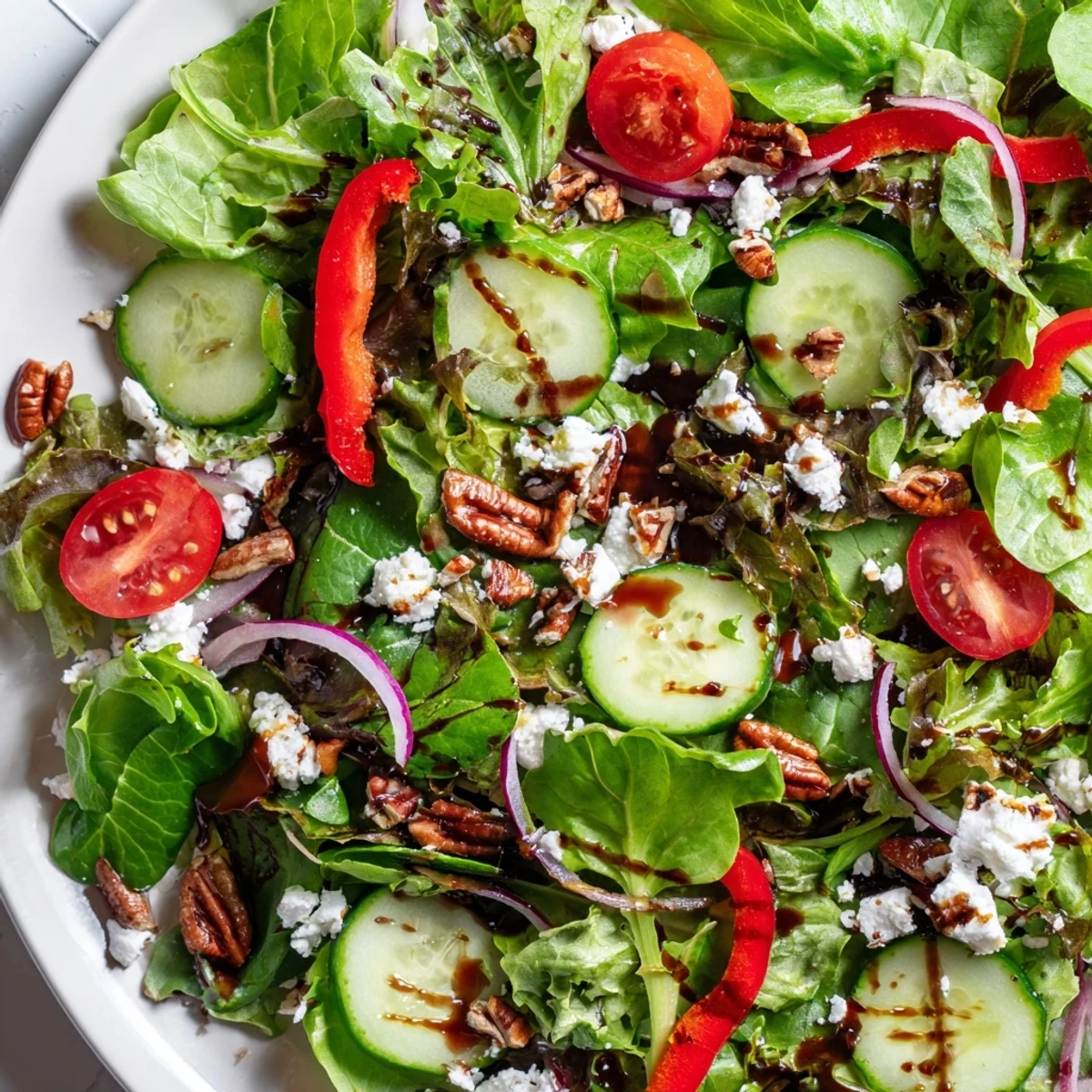 Fresh spring mix salad with colorful bell peppers, red onion, and a tangy balsamic vinaigrette