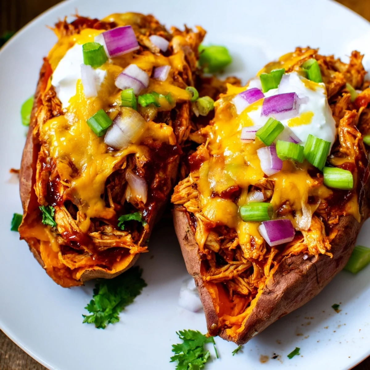 Tender roasted sweet potato split open and piled high with smoky BBQ chicken and melted cheddar cheese