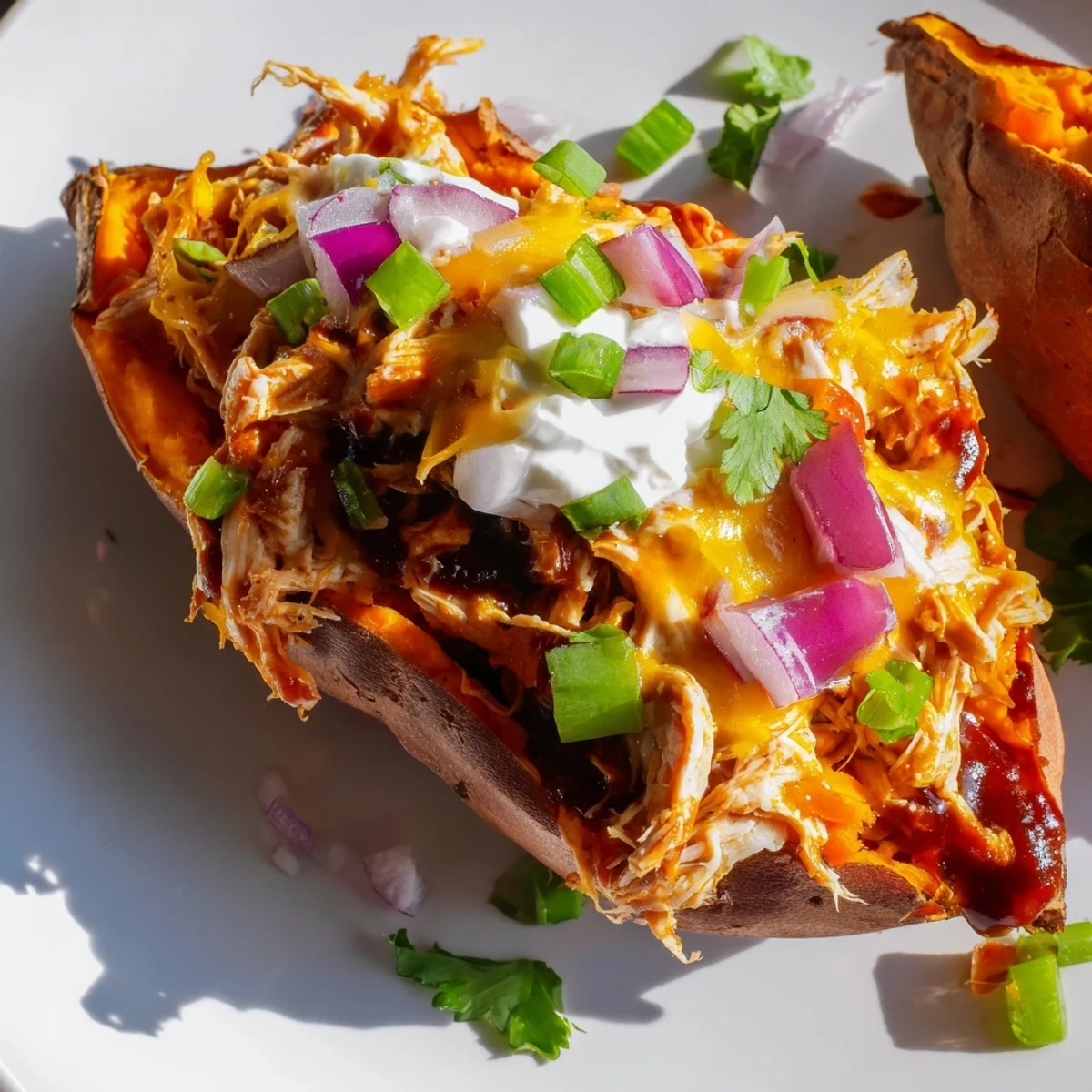 BBQ chicken stuffed sweet potatoes topped with green onions and a creamy sour cream dollop