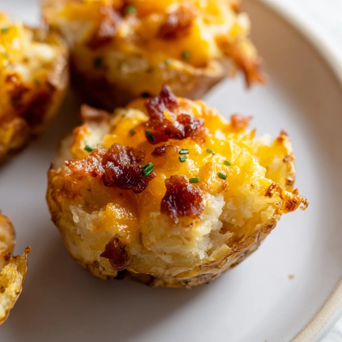 Golden Irish Potato Bites topped with melted cheddar and fresh chives on rustic baking sheet