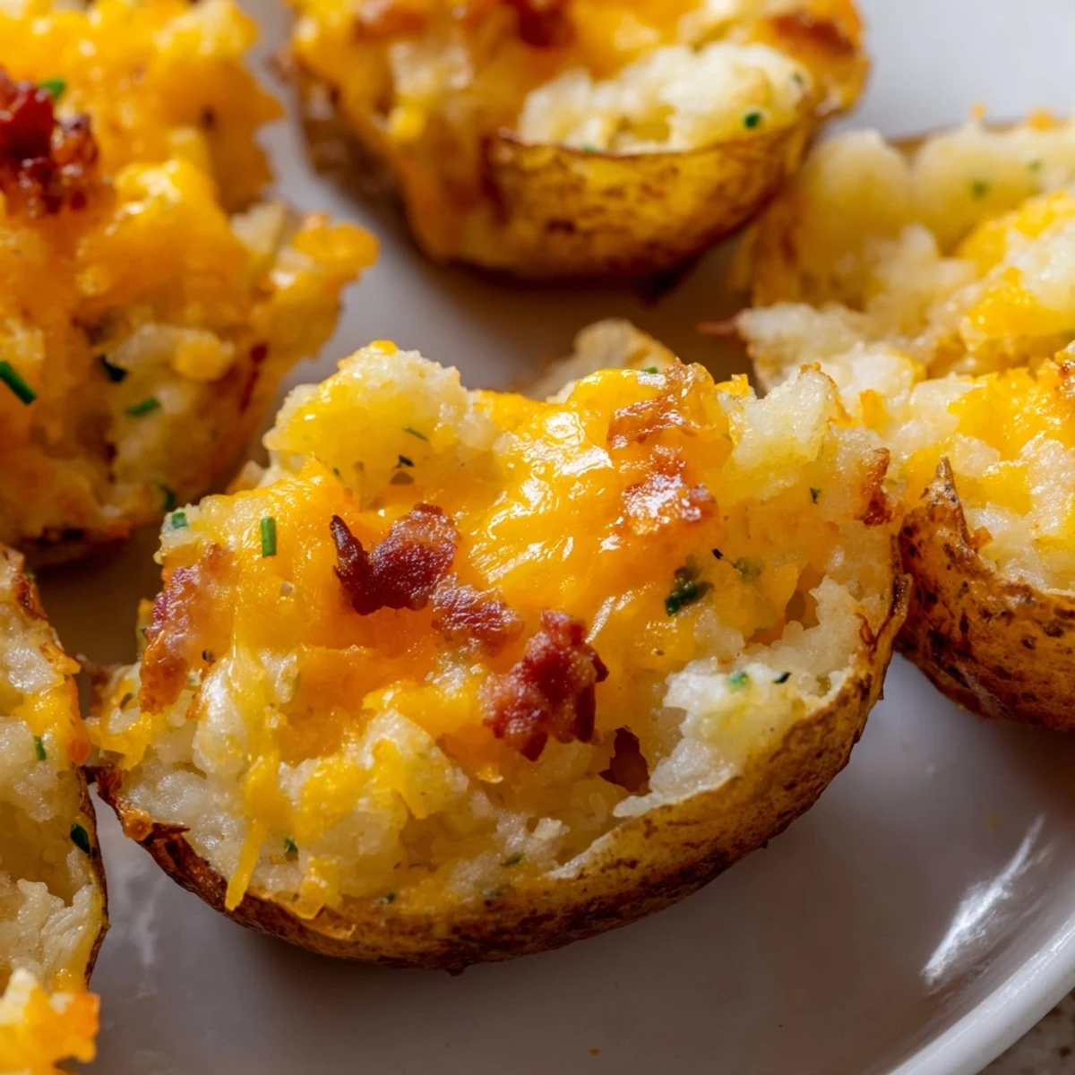 Crispy Irish Potato Bites filled with creamy bacon cheddar mixture served warm on platter