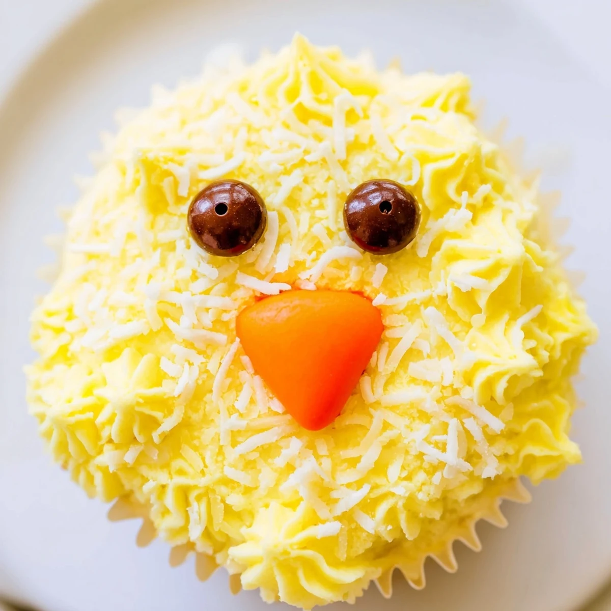Adorable Easter Chick Cupcakes with fluffy yellow frosting and candy faces on a spring dessert plate