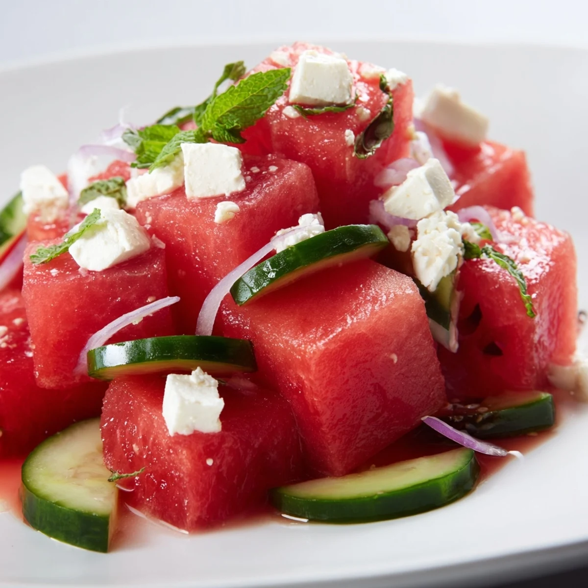 Fresh watermelon feta salad topped with crumbled cheese and bright green mint leaves