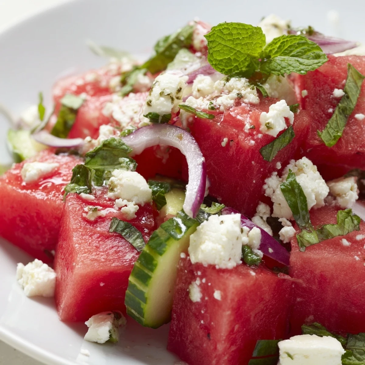 Juicy watermelon feta salad drizzled with olive oil and served in a white bowl