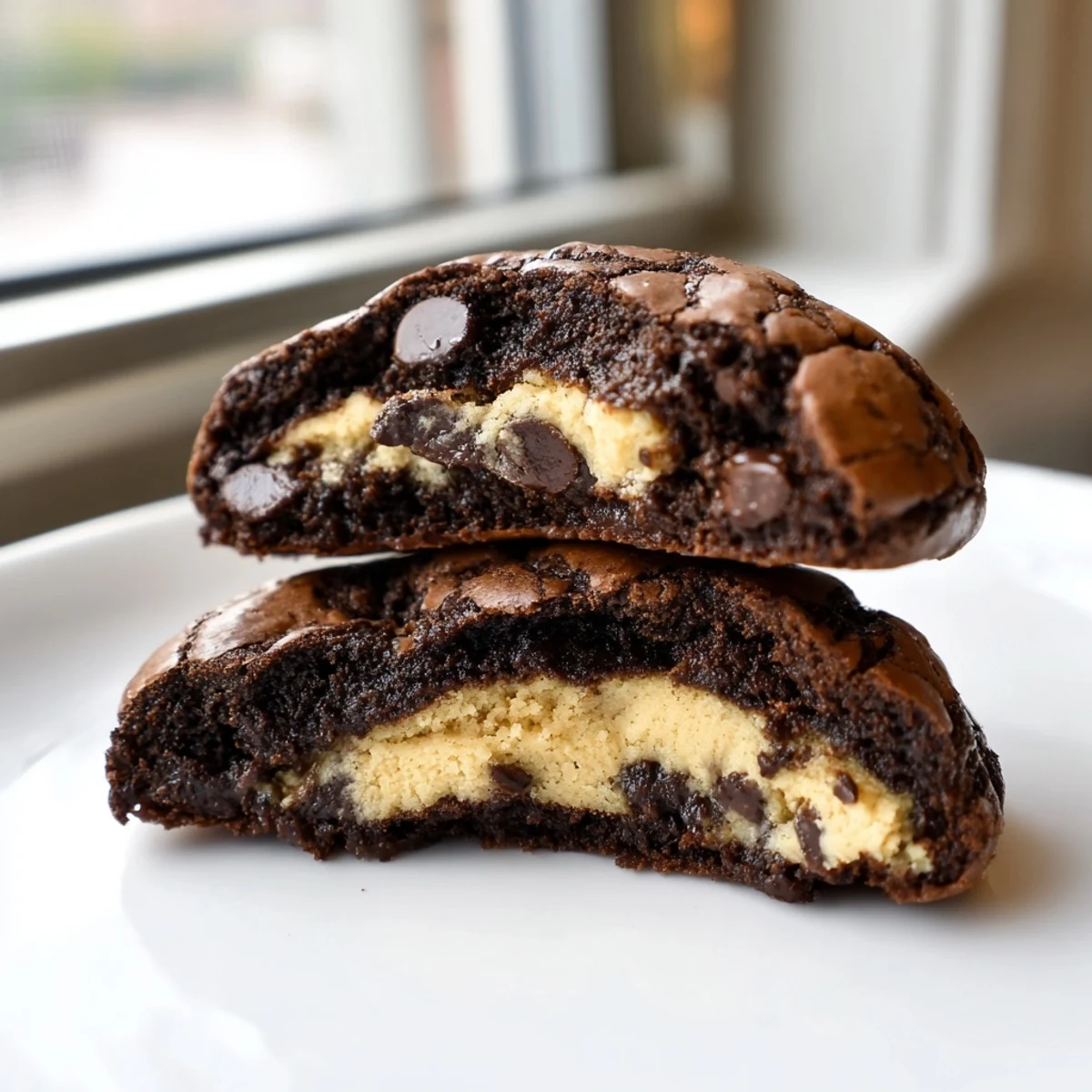 Fudgy brownie cookies stuffed with cookie dough displayed on a rustic wooden serving board
