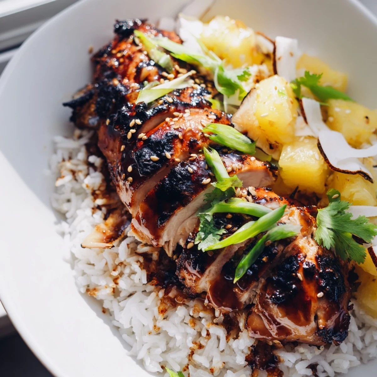 Glazed Hawaiian chicken served over creamy coconut rice with fresh pineapple chunks