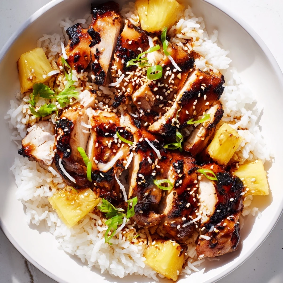 Tender caramelized Hawaiian chicken alongside fragrant jasmine coconut rice with tropical garnishes