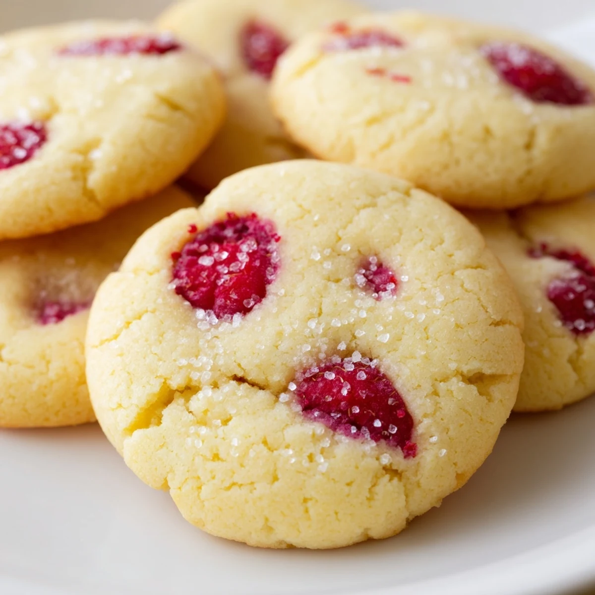 Soft Lemon Raspberry Cookies with golden edges and juicy berry pieces on a white plate