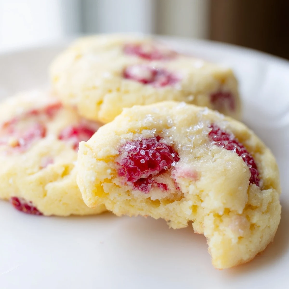 Fresh Lemon Raspberry Cookies cooling on a wire rack with bits of bright red fruit