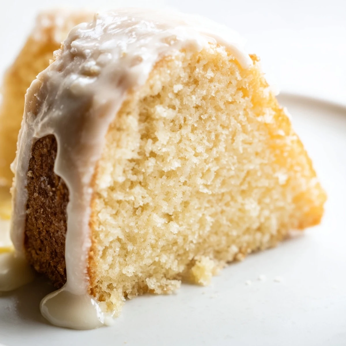 Classic Church Cake with vanilla glaze drizzled over a moist golden sponge slice