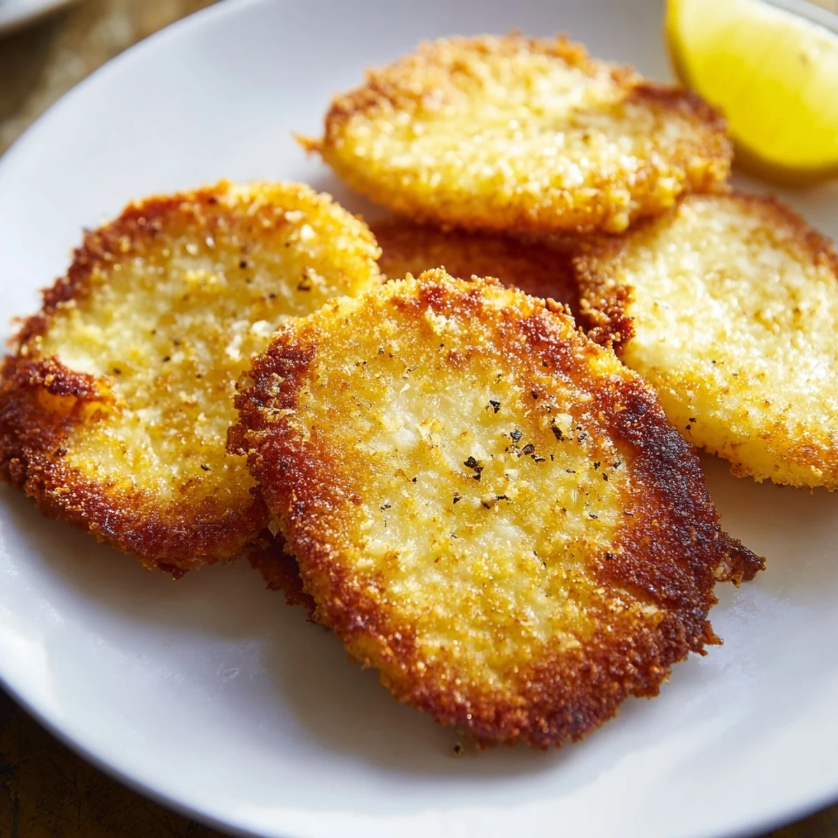 Golden crispy Greek fried cheese sizzling in pan with fresh lemon wedges nearby