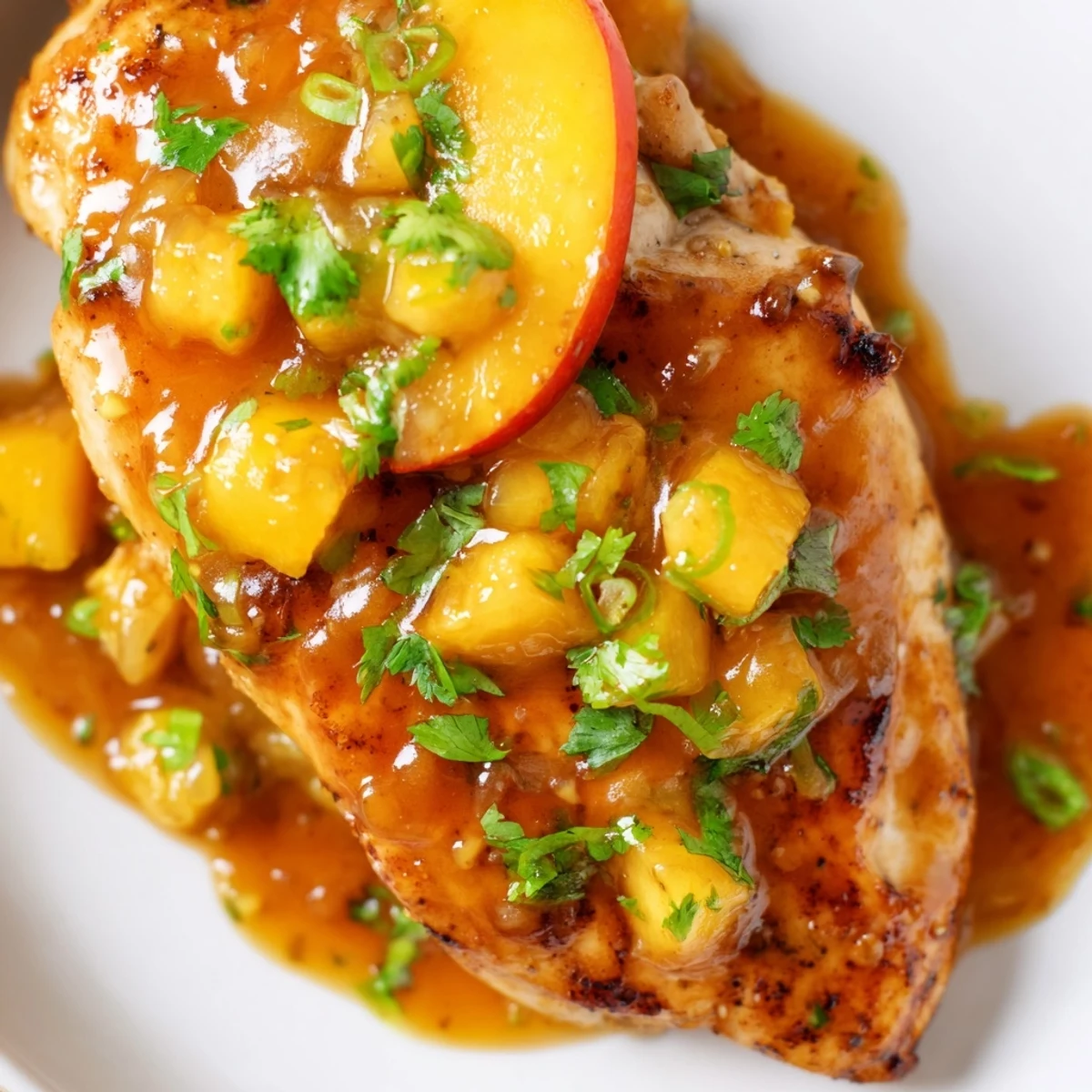 Juicy Jalapeno Peach Chicken glazed with sweet-spicy sauce on a white plate