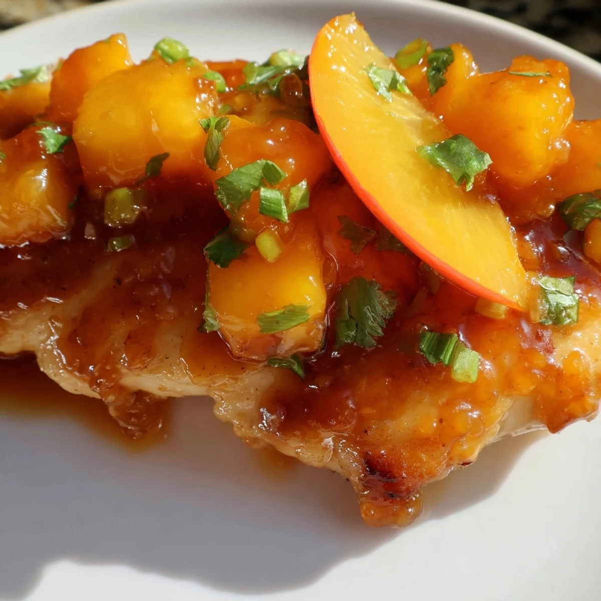 Golden seared Jalapeno Peach Chicken topped with fresh herbs and peach slices