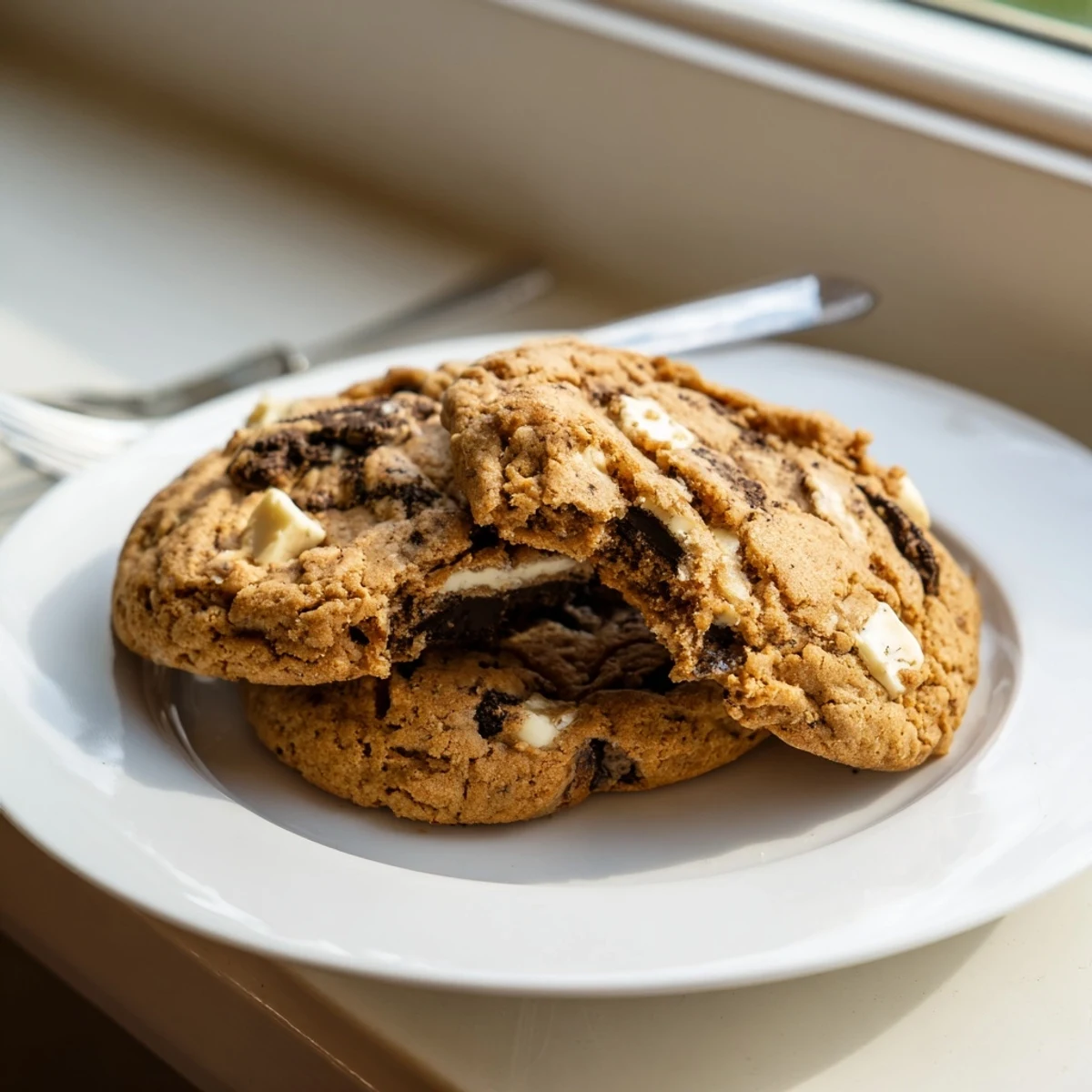 Soft chewy cookies and cream cookie with white chocolate chips on rustic baking sheet