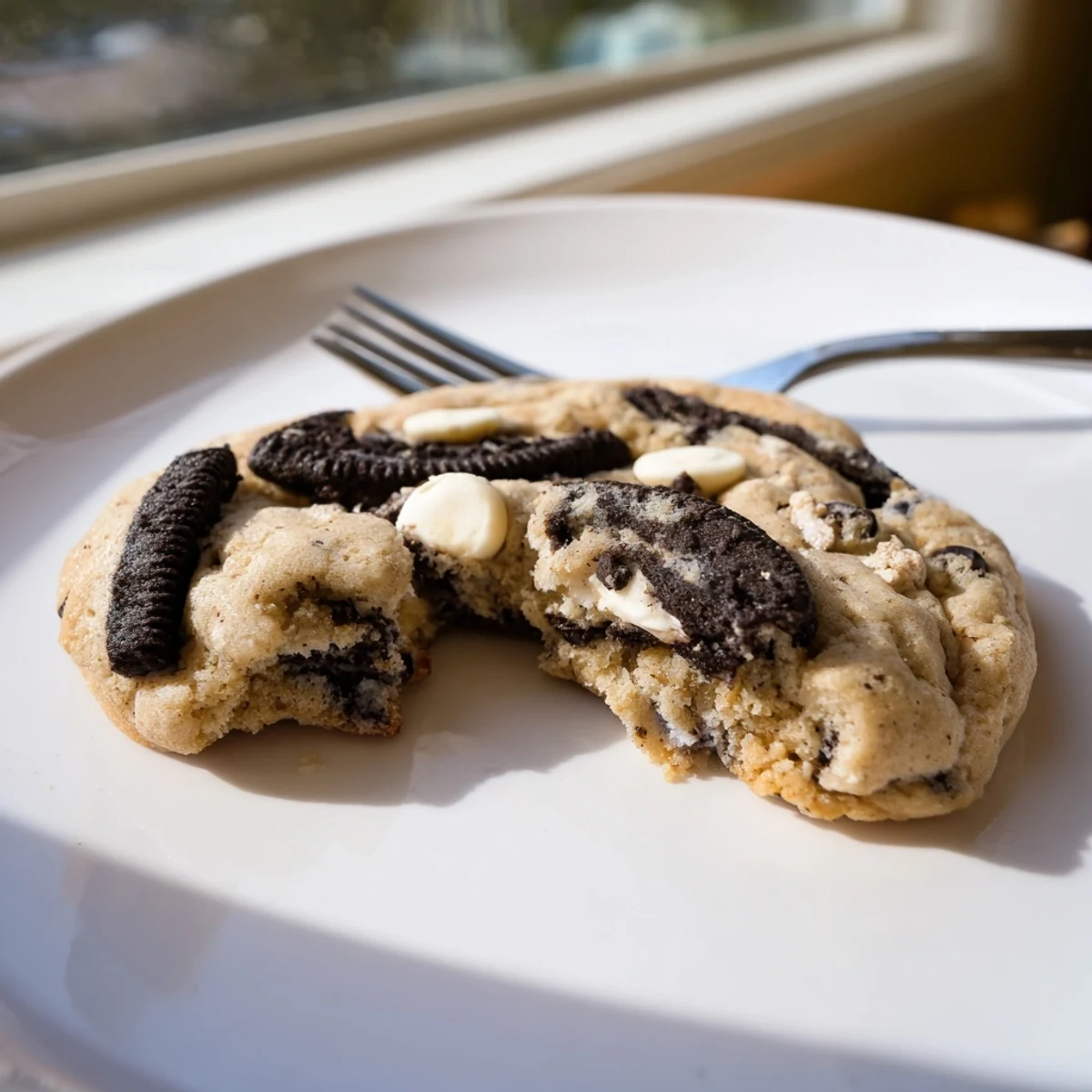 Golden cookies and cream cookie studded with crushed Oreo pieces and melted chips