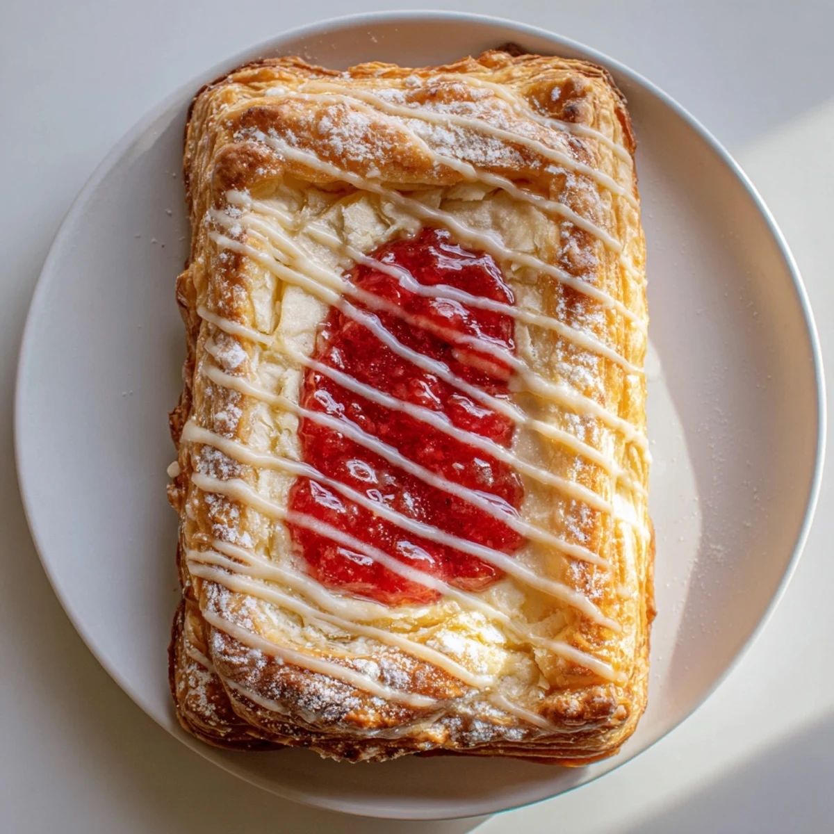 Golden Sourdough Discard Raspberry Cream Cheese Danishes drizzled with sweet vanilla glaze on rustic parchment paper