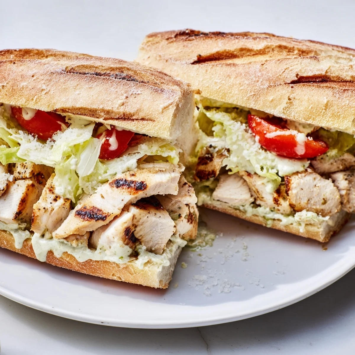 Golden toasted ciabatta roll filled with sliced grilled chicken and crisp romaine lettuce in this Chicken Caesar Sandwich