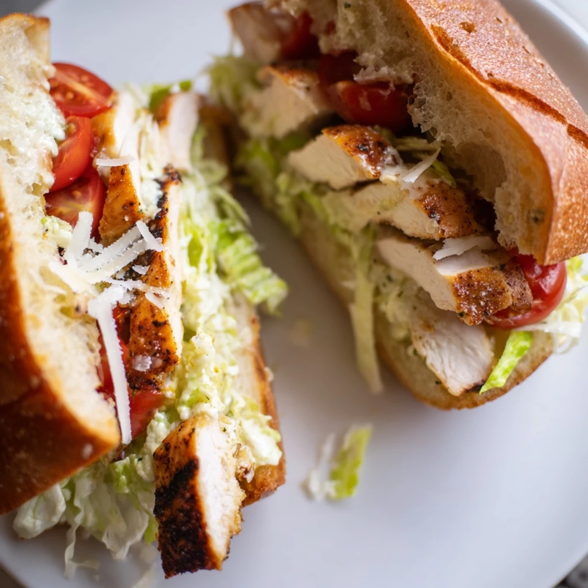 Juicy grilled chicken nestled in a crusty bun with creamy Caesar dressing and fresh romaine in this satisfying Chicken Caesar Sandwich