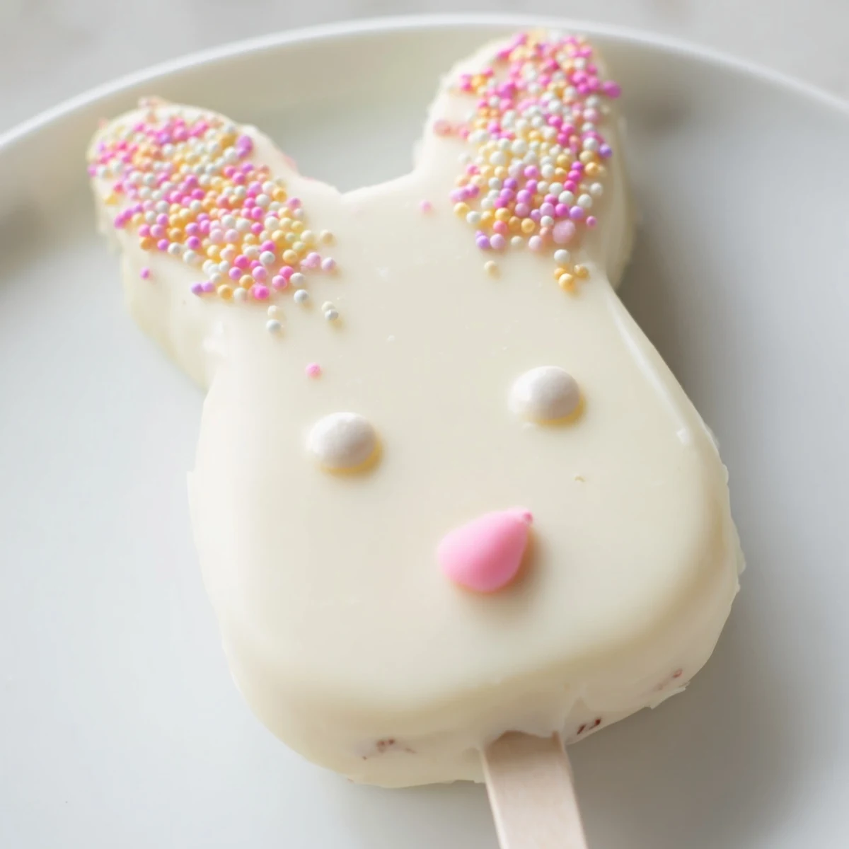 Adorable white chocolate bunny cakesicles with candy eyes and pink ears on sticks