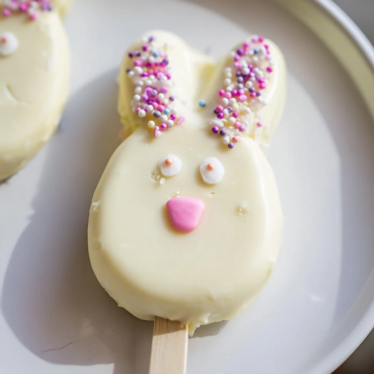 Moist cake filled white chocolate bunny cakesicles featuring cute fondant ears and noses