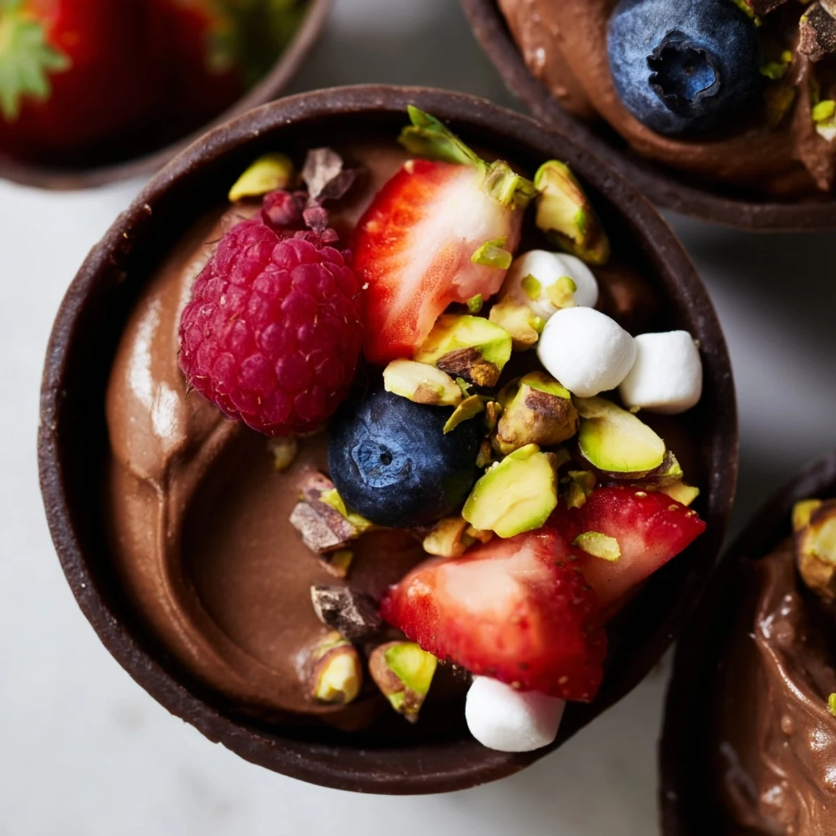 Decadent chocolate grazing cups filled with creamy mousse and topped with fresh berries