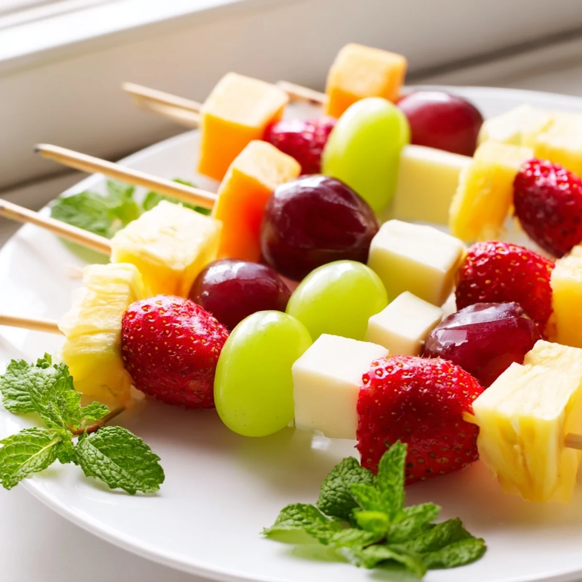 Juicy strawberries and cheddar cubes threaded on wooden skewers for party appetizer
