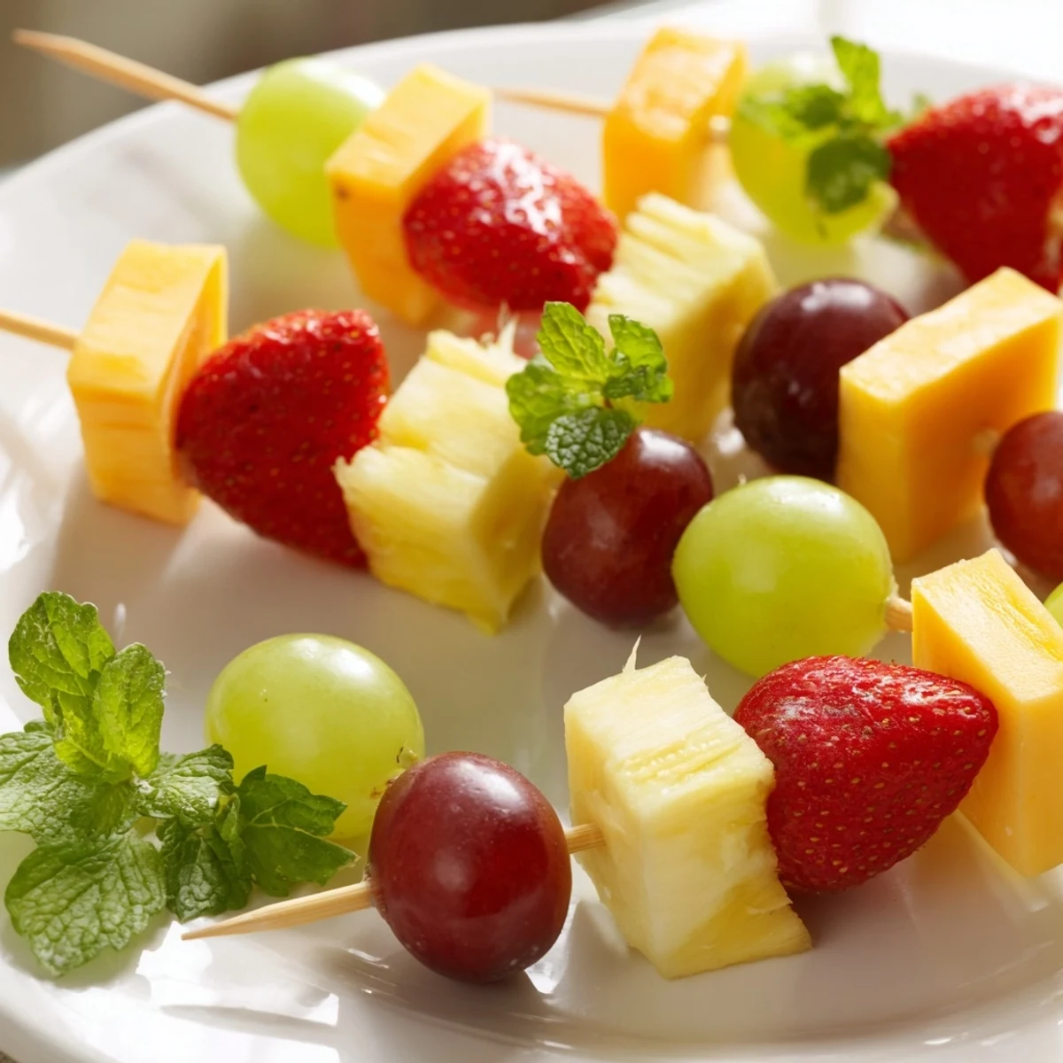 Colorful fruit and cheese kabobs arranged on a platter with mint garnish