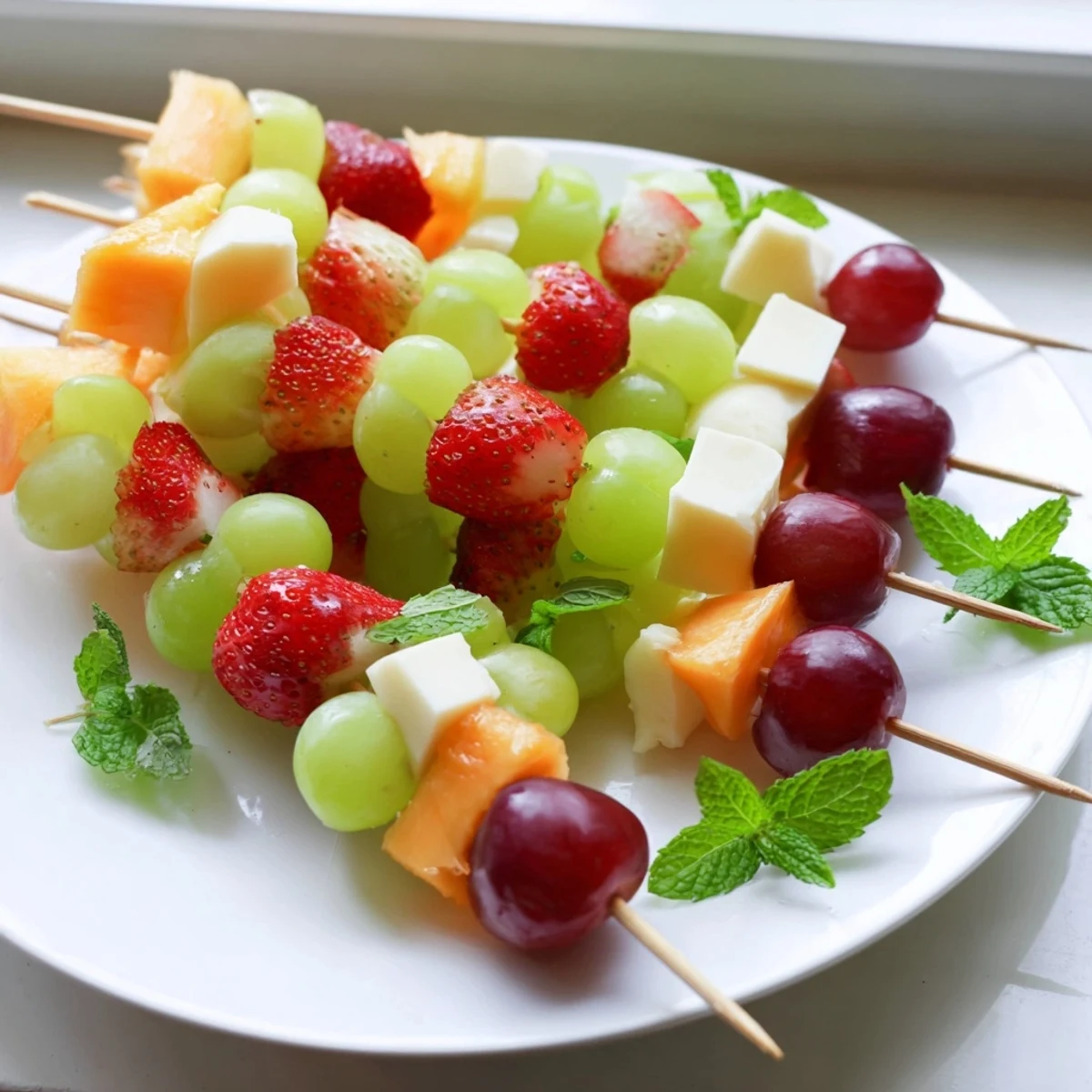 Fresh grapes pineapple and Monterey Jack skewers served chilled on a decorative board