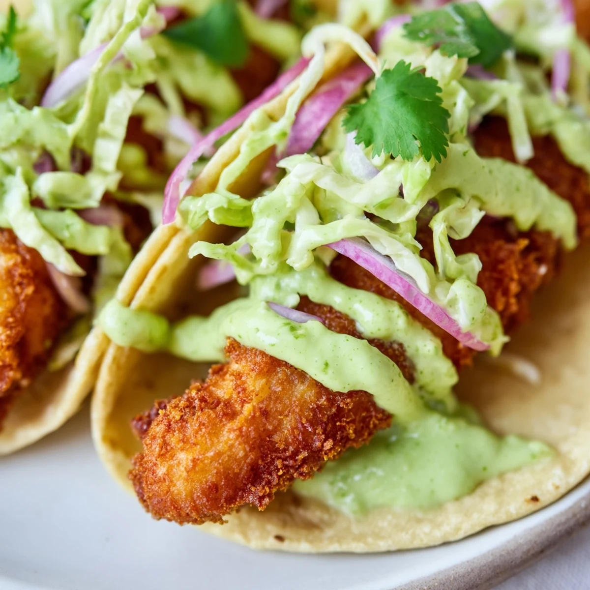Crispy golden Baja Fish Tacos topped with vibrant slaw and creamy avocado crema drizzle