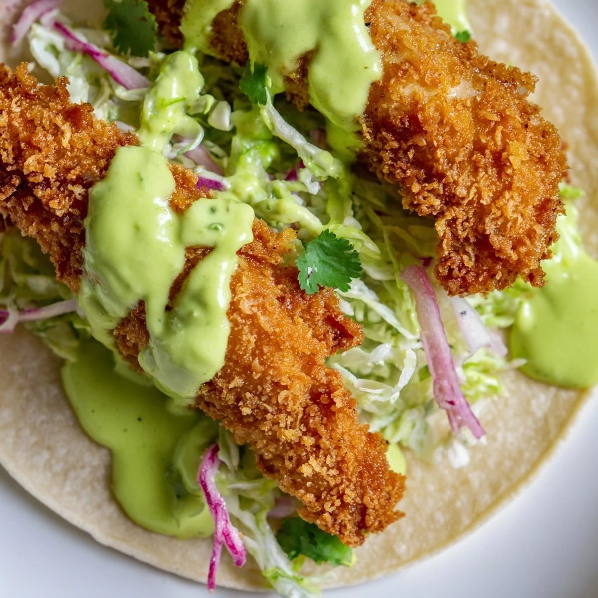 Baja Fish Tacos in warm corn tortillas with crunchy cabbage and zesty sauce