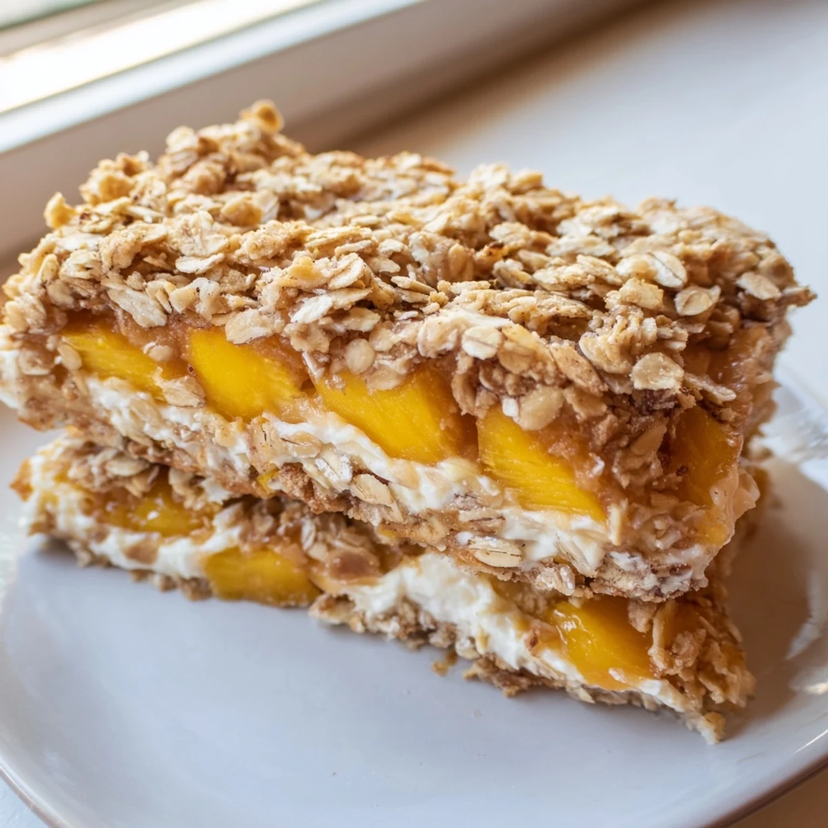 Golden Peaches and Cream Crumble Bars with buttery oat topping on a rustic plate